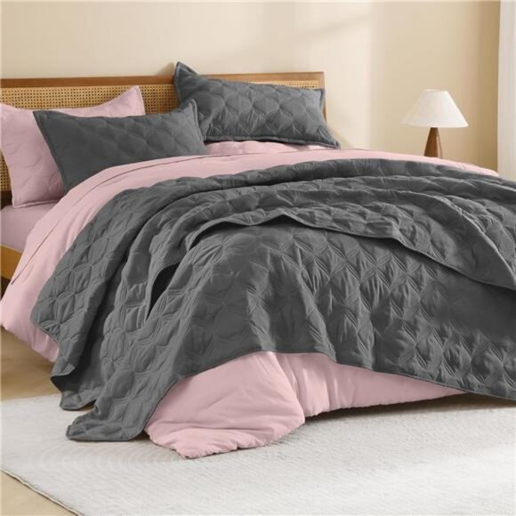 King Size Quilt Set Grey, Lightweight Comforter Gray - 3 Pieces - Picture 1 of 6